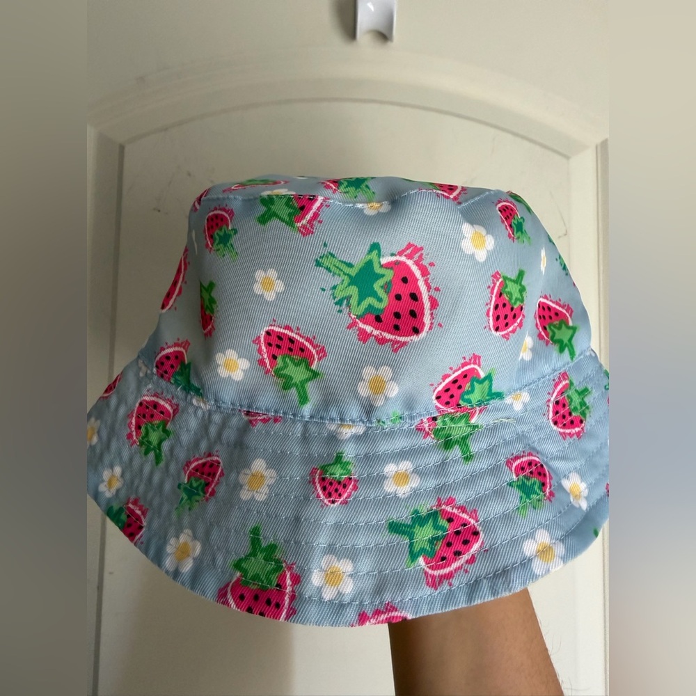 Strawberry Print Kids Bucket Hat - Blue tropical summer resort cruise beach camp